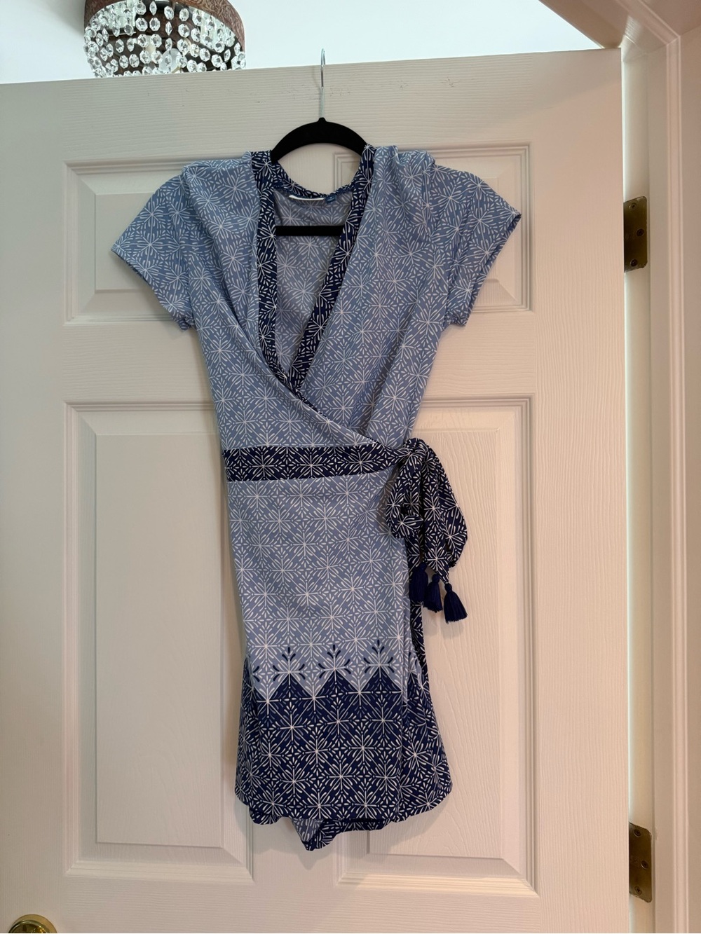 Blue Patterned Wrap Dress with Tassel Tie